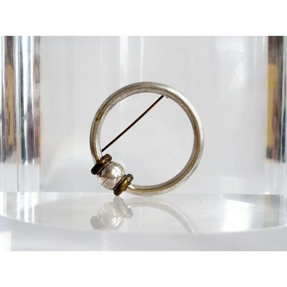 Dual Toned Gold & Sterling Silver Vintage Circular Shaped Minimalist Brooch Pin - Picture 2 of 10